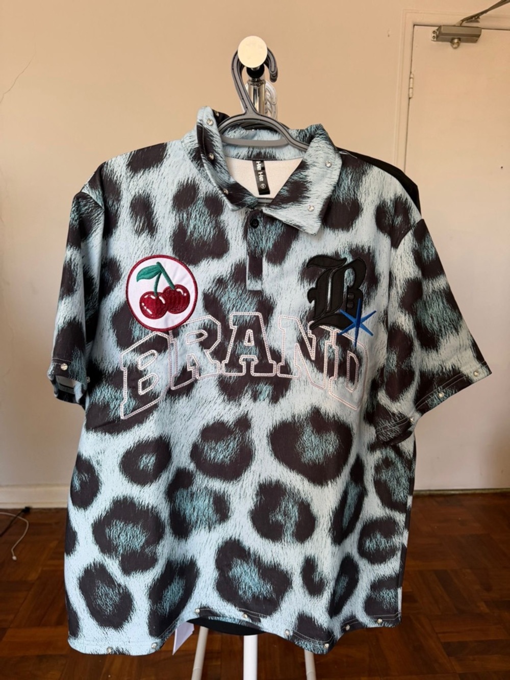 Graphic Leopard Print Polo with Cherry Patch